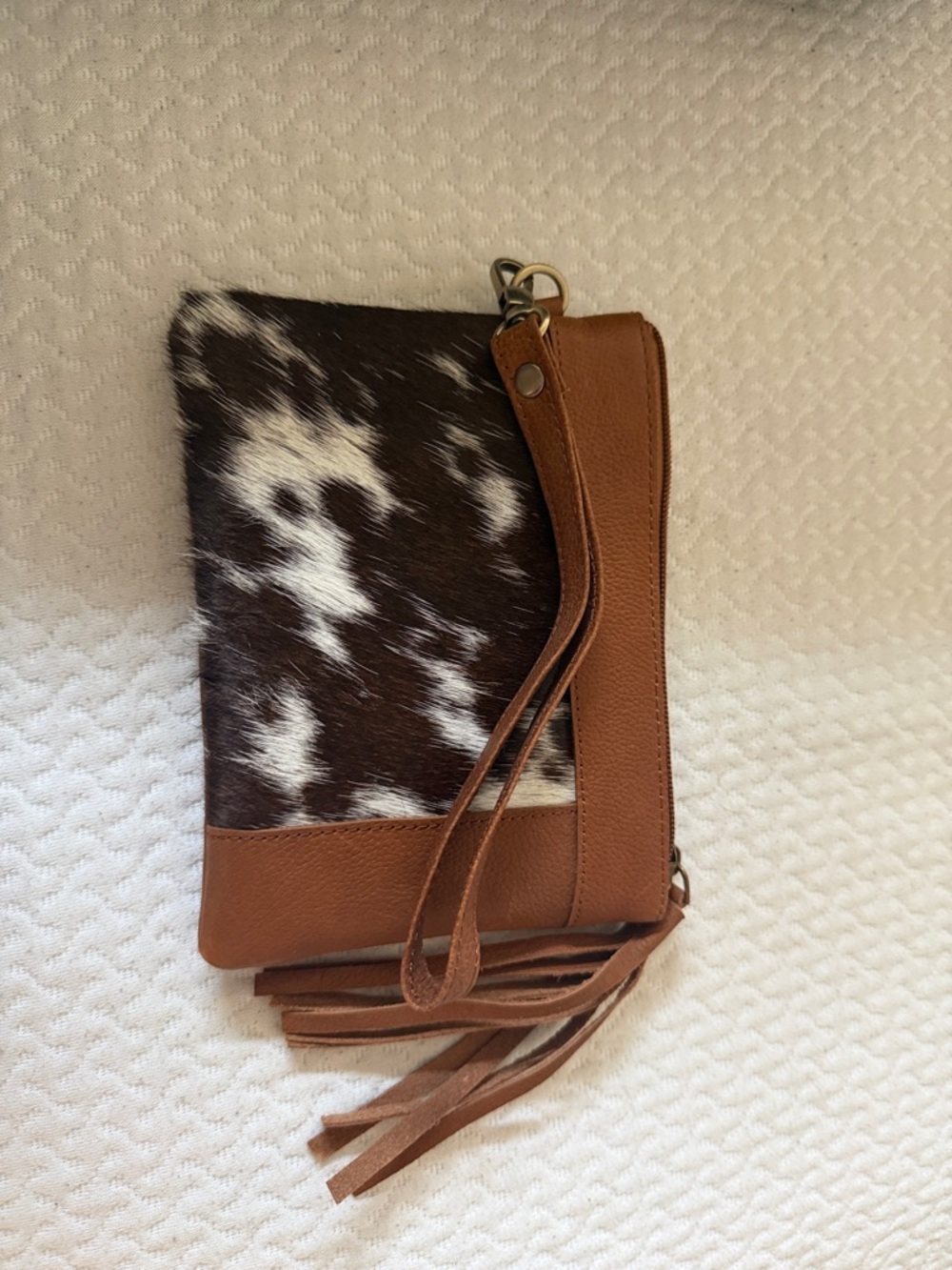 Leather and Cowhide Wristlet Clutch in Brown and White